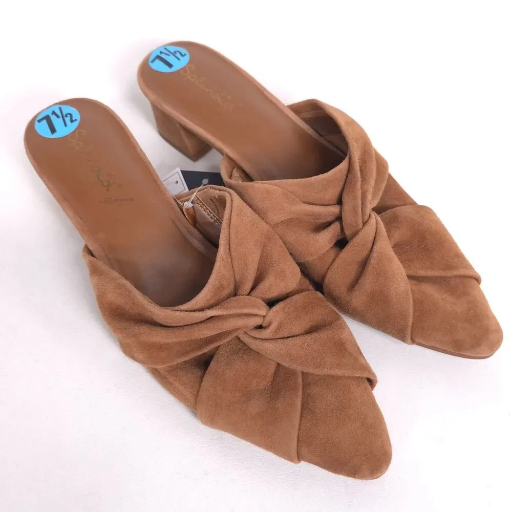 Splendid New Lanis GENUINE SUEDE LEATHER Mules 7.5 M Caramel Knot Heeled Pointed
